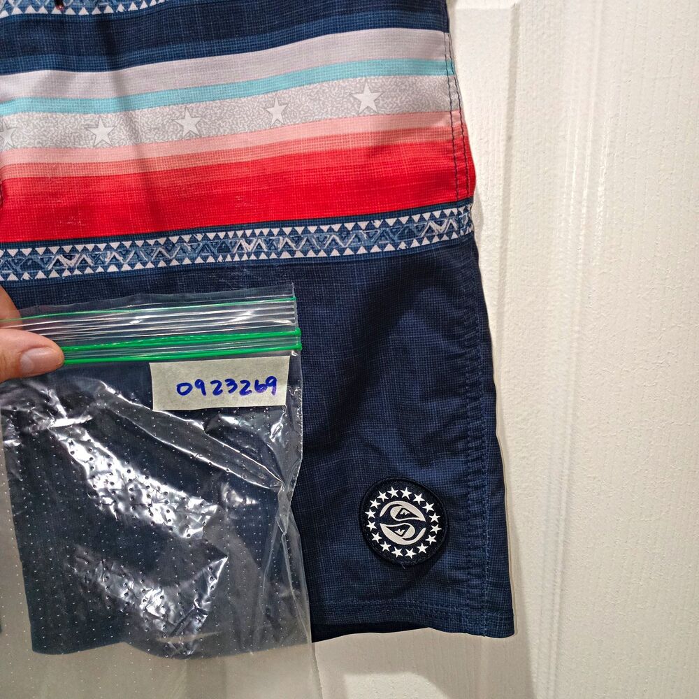 Quiksilver Highline Mens Striped Board Shorts Blue Red White Size 30 Drawstring